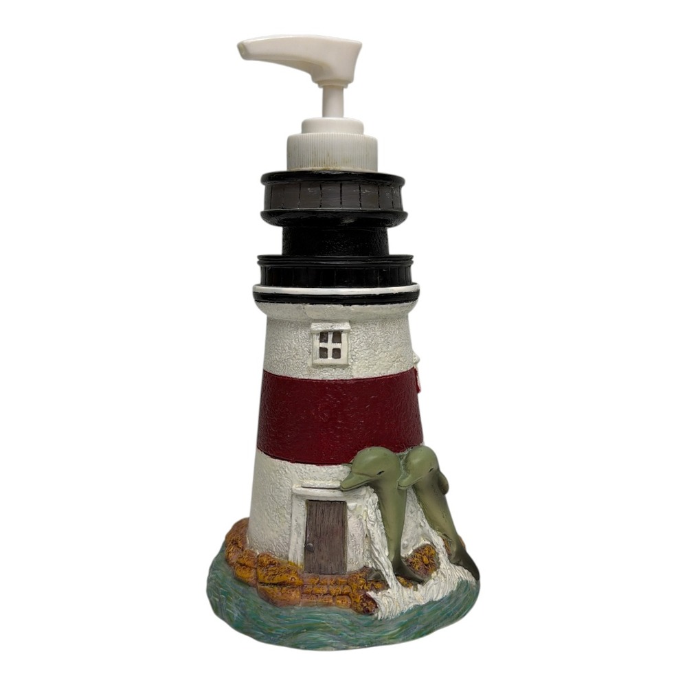 Lighthouse Soap Lotion Dispenser Ceramic Nautical Dolphins EUC 7.5"H